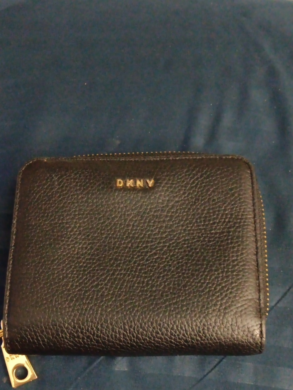 DKNY Black Pebbled Leather Zip Wallet with Gold Hardware